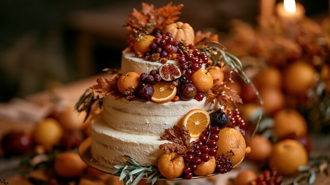 a meticulously crafted threetiered cake is adorned with fresh fruits and foliage. The cake has a creamy, lightcolored frosting and is decorated with orange slices, grapes, figs, and pumpkins.