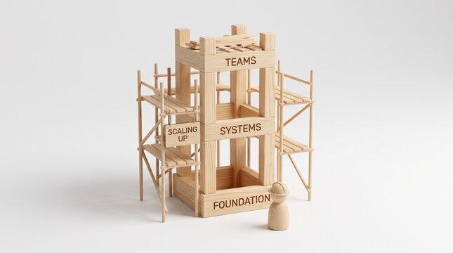 Scalable business infrastructure and organizational growth concept with wooden building blocks tower and scaffolding isolated on white background