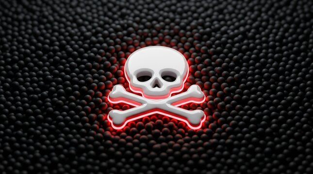 Glowing white skull and crossbones icon resting upon a vast bed of dark matte spheres