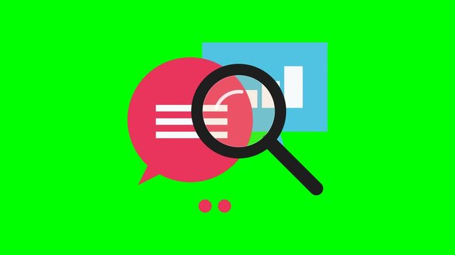 Faithful flat search-analysis icon recreation like the reference on solid chroma GREEN background with NO shadows, now REDUCED BY 30 PERCENT and perfectly CENTERED: a pink round speech bubble with thr
