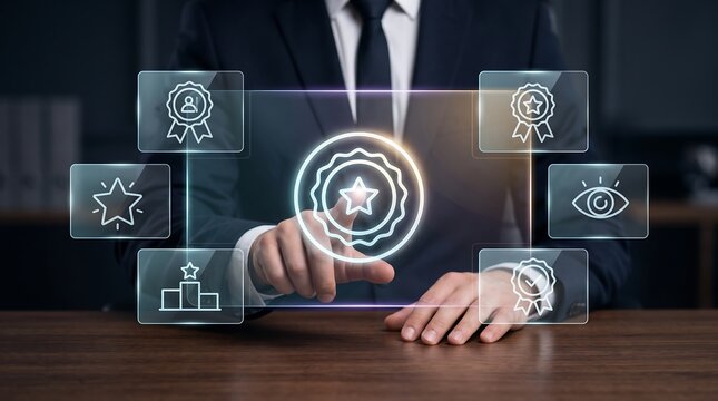 Professional touching holographic interface displaying star ratings and quality assurance metrics to represent excellence standards customer satisfaction and benchmarking in business