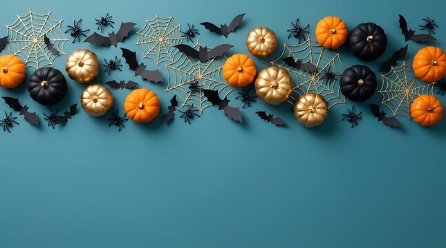 Festive halloween composition featuring colorful pumpkins golden cobwebs black paper bats and spiders on blue background