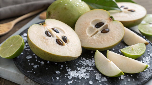 Tropical white sapote close-up showing creamy flesh, glossy seeds, condensation, lime zest, leaves and translucent ice crystals