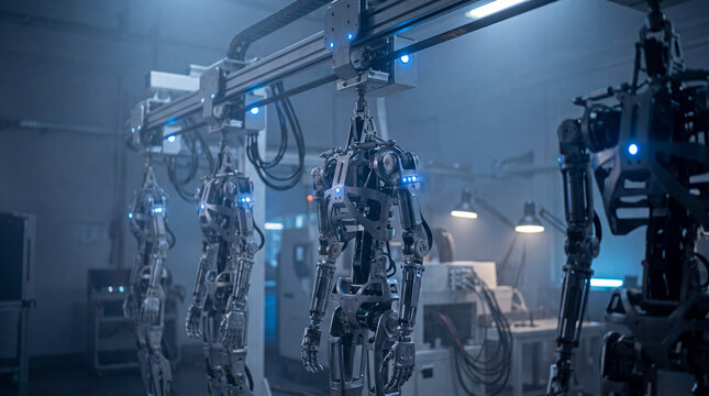Robotic endoskeletons progressing along an automated assembly line in a modern manufacturing facility, representing advanced technology and the future of industrial production