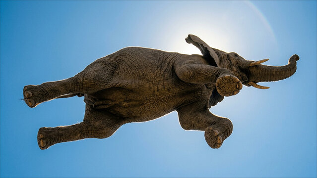 Large elephant flying through clear blue sky viewed from low angle