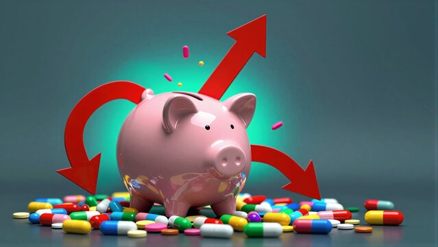 Pink piggy bank surrounded by pills, with arrows showing rising costs.