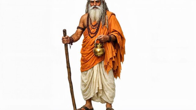 Old man in orange dhoti holds staff and vessel