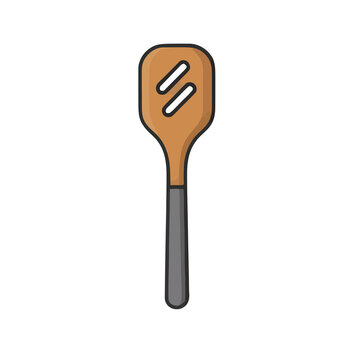 Wooden slotted spatula with grey handle isolated on transparent