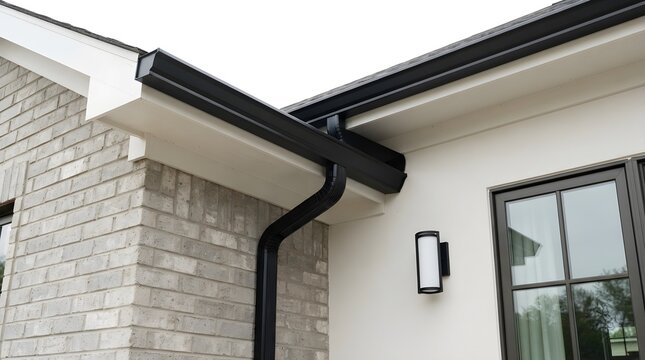 Black Seamless Gutter System on a Modern Brick House Exterior