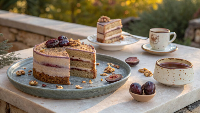 Refined late-summer plum layer cake with vanilla sponge, Earl Grey mascarpone, roasted compote and caramelized walnut praline