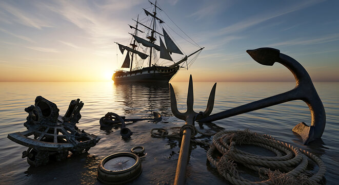 Tall sailing ship anchored in calm water with maritime navigation tools on the shore