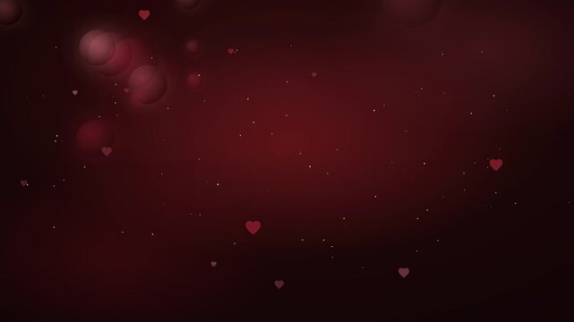Abstract romantic background with floating red hearts and glowing bubbles on dark crimson backdrop