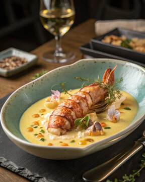 Refined langoustine tails with sweet corn velout&eacute;, saffron beurre blanc, charred leeks, hazelnut crumbs and chive blossoms