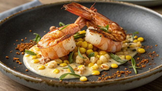 Premium langoustine close-up with browned shells, glossy flesh, sweet corn velout&eacute;, saffron beurre blanc and crisp accents