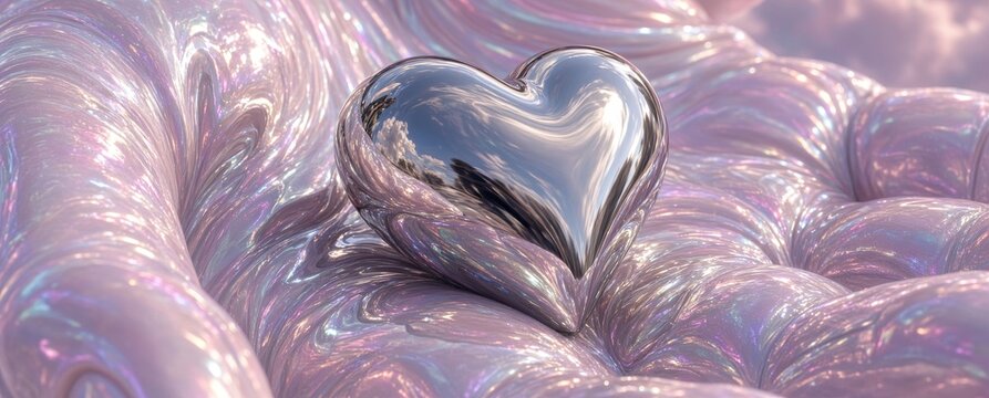Cuore d'argento cromato sorretto da una mano iridescente e fluida