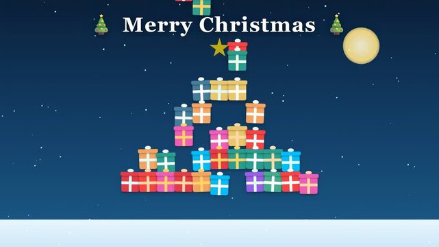 Animated Christmas tree forming from colorful gift boxes with Merry Christmas text on blue background