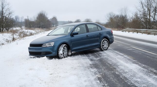 Car Stuck in Snow After Slipping on Icy Winter Road With Copy Space
