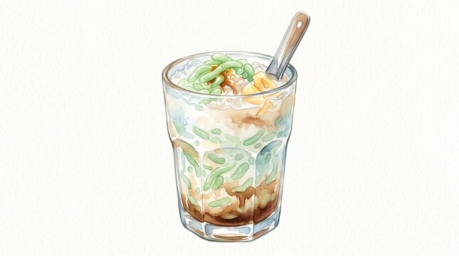 Watercolor illustration of es cendol iced dessert drink with coconut milk and palm sugar, green and brown pastel tones, white background, no border, no frame, cool refreshing food art, soft brush text