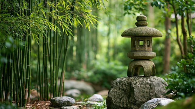 a stone lantern balanced on a large rock. The lantern has a cylindrical shape with a pointed top and a small window on its side. The stone is weathered and has a textured surface.