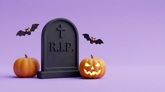 Spooky gravestone with glowing jack o lantern pumpkins and flying bats on vibrant purple background