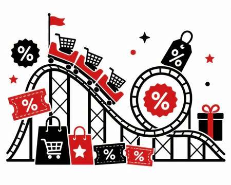 Dynamic shopping spree roller coaster ride full of exciting discounts and special offers marketing promotion vector illustration concept