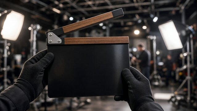 Crew Member Holding Film Clapperboard in Production Studio for Media Recording