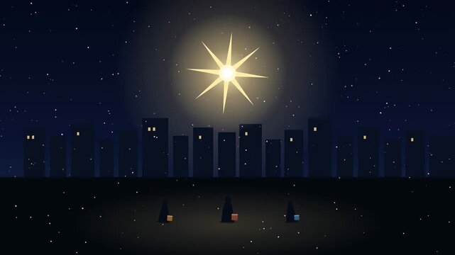 Animated night city skyline silhouette under a bright shining star in a dark starry sky