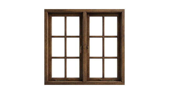 Rustic dark wood window frame with glass panes, vintage timber window casement, traditional wooden architecture element for home renovation isolated PNG with Transparent Background