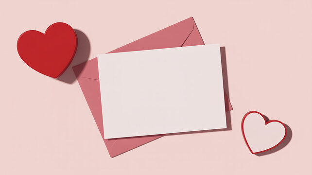 Red hearts and blank card on pink envelope love