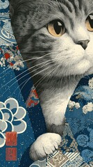 Fototapeta premium Artistic cat in kimono design, ideal for mobile wallpaper.