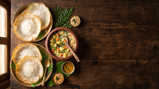 Top down view of South Indian rice Appam and coconut vegetable stew on teak