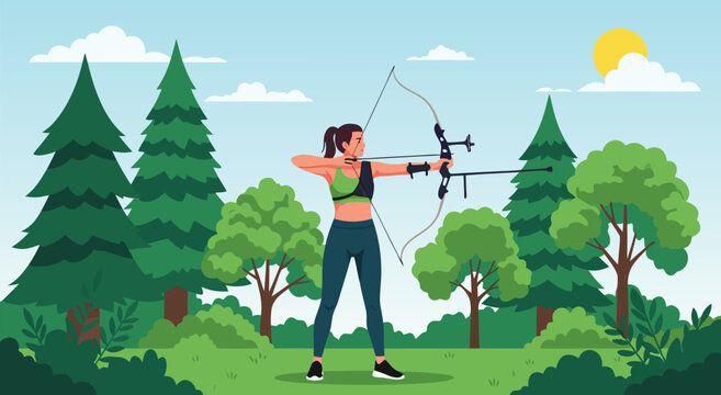 Athletic female archer practicing bow shooting in nature forest landscape, full view outdoor vector illustration.