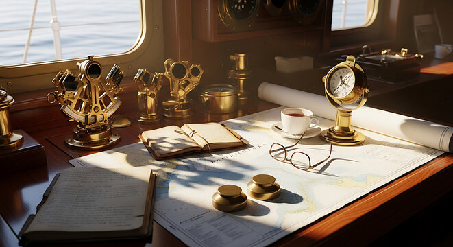 Nautical instruments and navigational charts on a wooden table inside a ship cabin bridge