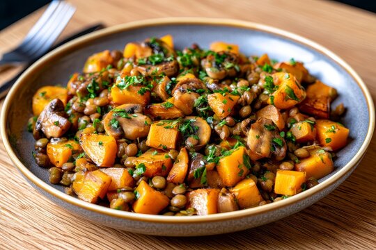 Colorful Vegan Bowl with Roasted Vegetables and Lentils
