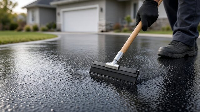 Sealing a Driveway with Black Asphalt Sealant Using a Roller