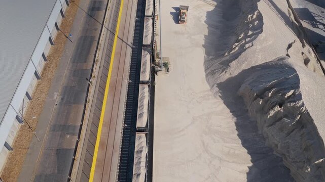 Industrial Loader Working Near a Train Track With Piles of Coal During the Day