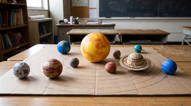 Educational solar system model with planets arranged on wooden table in classroom setting