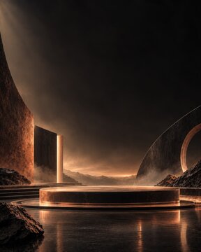 A mystical circular stone platform in a dark futuristic landscape with dramatic atmospheric lighting
