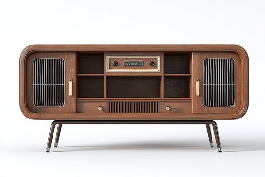 A retro-inspired wooden cabinet with a built-in radio and glass-fronted compartments stands on slender metal legs, showcasing a blend of vintage design and modern functionality.