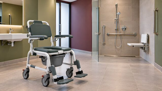 Accessible bathroom with commode wheelchair, disability shower, grab rails and sink for safe hygiene and mobility access