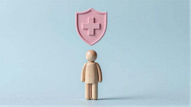 Wooden figure stands beneath pink shield, symbolizing health protection and security.
