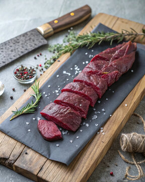 Refined Nordic raw venison loin with juniper, coriander, rosemary, wild garlic, lingonberries and birch salt on dark paper1