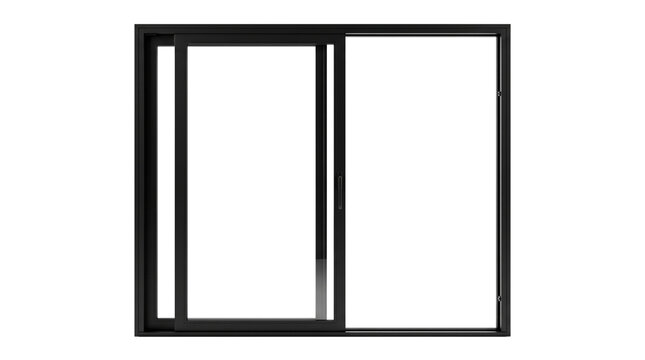 Modern black aluminum sliding window, contemporary metal window frame for residential architecture, sleek dark glass window design isolated PNG with Transparent Background