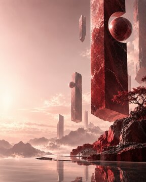 Surreal digital landscape featuring giant red floating marble monoliths above a calm misty lake