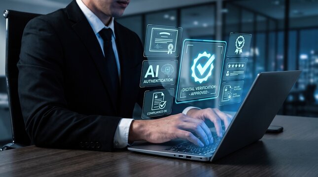 Businessman working on a laptop with a digital holographic interface showing quality assurance and data compliance