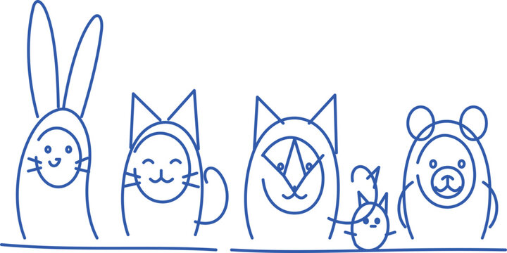 Line art illustration depicts a rabbit cat fox and bear with simple facial features