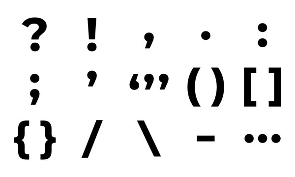 Collection of common black punctuation marks and typographic symbols isolated on a white background