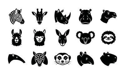 Obraz premium Set of black and white animal head icons featuring various exotic wildlife species collection