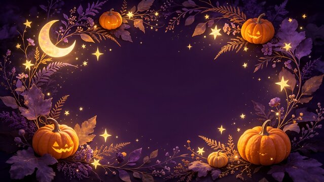 Dreamy halloween premium botanical frame, deep purple foliage, glowing crescent moon, shimmering stars, blank copy space, carved jack o lanterns with mini pumpkins, plain deep purple background