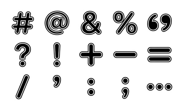 Set of various black and white punctuation marks and mathematical symbols on white background